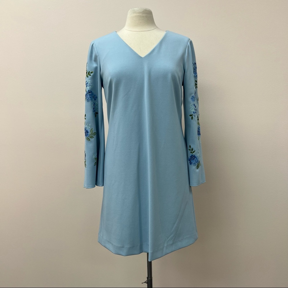 Tahari Long Sleeve Floral Embroidered V Neck Dress in Sky Blue